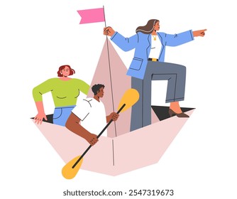 Concepto de liderazgo. Una mujer de negocios segura de sí misma lidera un equipo en un barco de papel, simbolizando la orientación y el trabajo en equipo. Ilustración vectorial.