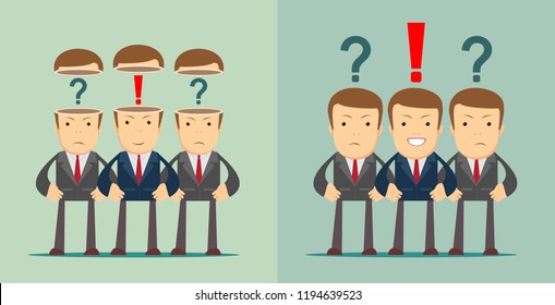 Leadership concept with crowd of businesspeople with question marks and red exclamation mark in the open heads on background