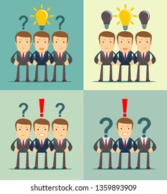 Leadership concept with crowd of businesspeople with question marks and red exclamation mark in the open heads on background