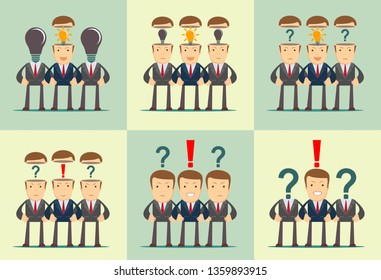 Leadership concept with crowd of businesspeople with question marks and red exclamation mark in the open heads on background
