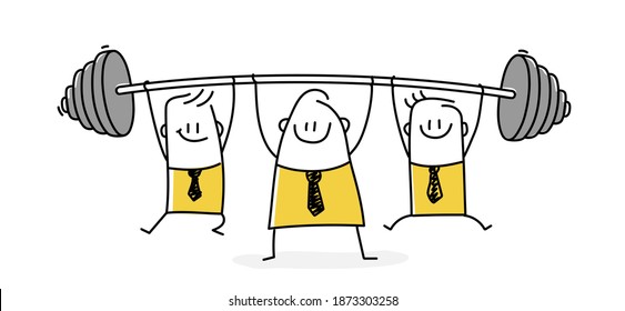 Leadership concept. Cute stickman holding a heavy barbell with his partners. Vector illustration. 