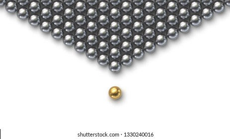 Leadership concept. Gold leader ball standing out from the crowd of silver balls on white background