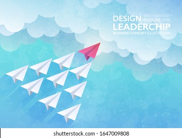 Leadership concept. Group of white paper airplanes led by the red paper plane flying upward. Business vector illustration.