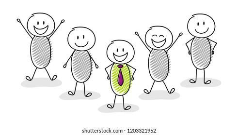 Leadership concept with hand drawn cartoon stickmen. Vector.