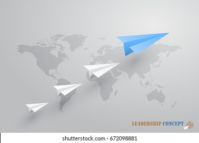 Leadership concept with header blue and crew white plane on world map background. Origami paper style with shadow.