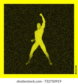 Leadership concept. Human with arm up. 3D Human Body Model. Black and yellow grainy design. Stippled vector illustration.