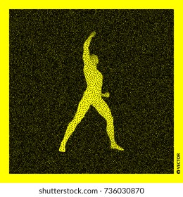 Leadership concept. Human with arm up. 3D Human Body Model. Black and yellow grainy design. Stippled vector illustration.