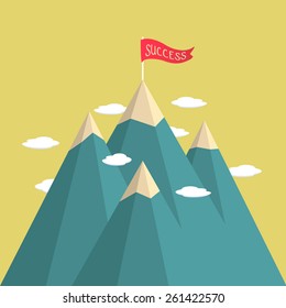 Leadership concept illustration landscape with flag on the mountain peak. Flat design modern vector illustration