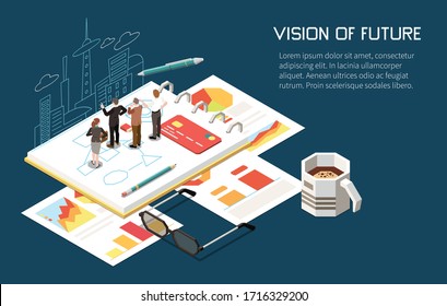 Leadership concept isometric background with editable text and human characters building plans for business with cityscape vector illustration