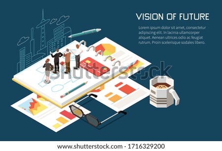 Leadership concept isometric background with editable text and human characters building plans for business with cityscape vector illustration