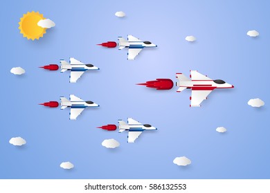 Leadership concept , Jet plane flying in the sky, paper art style