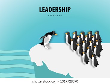 Leadership concept with leader of penguins standing on ice ,origami or paper art design vector