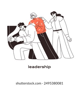 Leadership concept line art. Leader and team challenge, solve problems together. Office worker leads employees to success. Support in teamwork. Flat isolated outline vector illustration on white