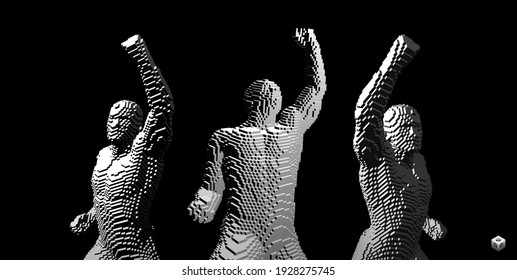 Leadership concept. Man raises fist up. Emblem for sport, politics or business. Voxel art. 3D vector illustration.