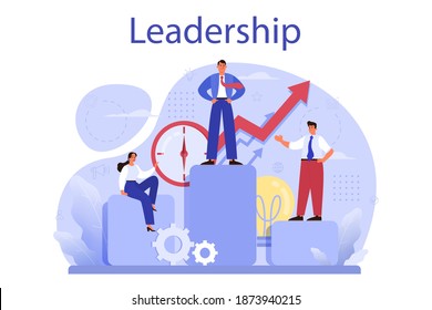 Leadership concept. Manager leading a workteam. Strategy and business planning. Workers support each other. Idea of startup and success achievement. Isolated vector illustration
