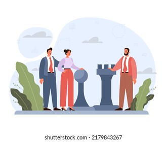 Leadership concept. Manager leading a workteam. Strategy and business planning. Workers support each other. Idea of startup and success achievement. Flat vector illustration