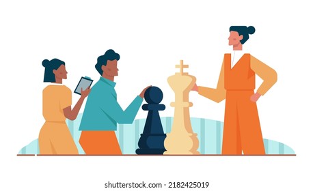 Concepto de liderazgo. Gestor que dirige un equipo de trabajo. Estrategia y planificación empresarial. Los trabajadores se apoyan mutuamente. Idea de inicio y logro de éxito. Ilustración vectorial plana