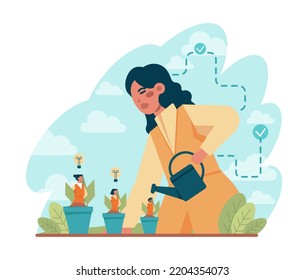 Leadership concept. Manager leading a workteam towards success. Strategy and business planning. Idea of startup and business achievement. Flat vector illustration