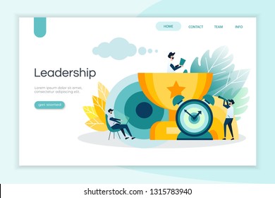 Leadership Concept With Mini People On The Trophy, Operating Computer Use For Banner, Background, Wallpaper, Poster And Landing Page Website - Vector Illustration