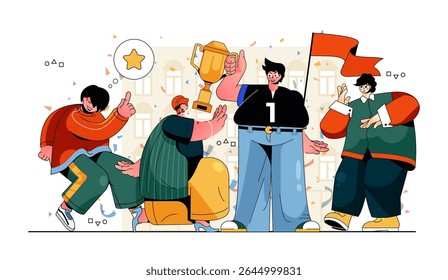 Leadership concept for modern web design. People working in team together, targeting, winning trophy cup, achieving goals, success investment. Flat vector illustration isolated on white background.
