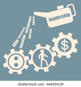 Leadership concept. Oiler lubricates gear mechanism. Vector.