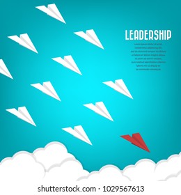 Leadership concept. One red leader plane leads other white planes forward. Red and white paper planes. Teamwork, leadership, success motivation business concept.  Vector illustration