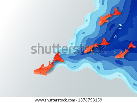 Leadership concept, Origami red orange paper fish on blue water polygonal trendy craft style, Paper art design background, Vector illustration