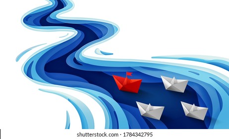 Leadership concept, Origami red paper boat floating in front of white paper boats on winding blue river, Paper art and digital craft style, Vector illustration