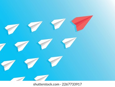Leadership concept with paper airplanes. Red paper airplane leads the white paper airplanes.