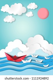 Leadership concept with paper art, origami, ocean or sea view and blue sky paper craft style vector - Shutterstock ID 1111924892