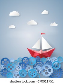 leadership concept with paper sailing boat float on the gears . Paper art and  digital craft style.