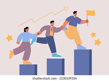 Leadership concept with people climbing up on top of graph together. Vector flat illustration of leader with flag holding hands with team and climb on rising chart