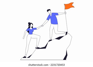 Leadership concept with people scene in flat outline design. Man and woman climb mountain and set flag on top, achieve success business goals. Vector illustration with line character situation for web