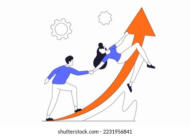Leadership concept with people scene in flat outline design. Man and woman cooperate and develop business and increase financial profit. Vector illustration with line character situation for web