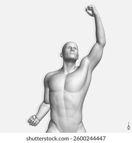 Leadership Concept. A person raises a fist upwards. Emblem for sport, politics or business. Monochrome colouring. Human body in steeple style. 3D illustration for brochure, cover, presentation, flyer.