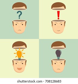 Leadership concept with question, exclamation marks and Shining Light Bulb in the open heads on background