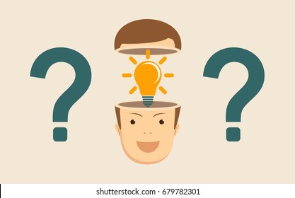 Leadership concept with question marks and Shining lightbulb in the open head on background. Stock flat vector illustration.