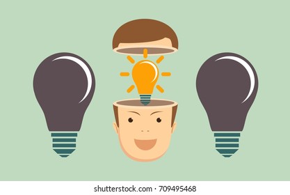 Leadership concept with question marks and Shining Light Bulb in the open heads on background