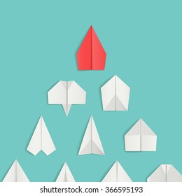 Leadership concept with red paper airplane leading among white. Vector illustrations