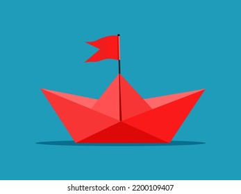 Leadership concept. Red paper boat. Origami red boat icon isolated on blue background