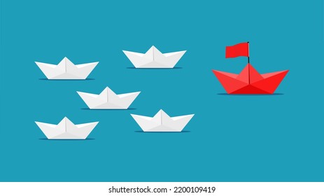 Leadership concept. Red paper boat. Origami red boat icon isolated on blue background