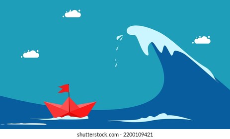  Leadership concept. The red paper boat defies the stormy waves. vector