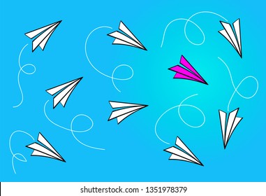 Leadership concept with red paper plane leading white paper planes  on blue background