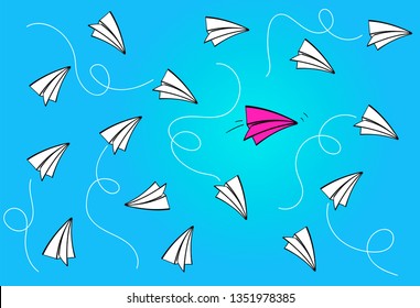 Leadership concept with red paper plane leading white paper planes  on blue background