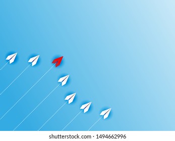 Leadership concept with red paper plane leading among white on blue background