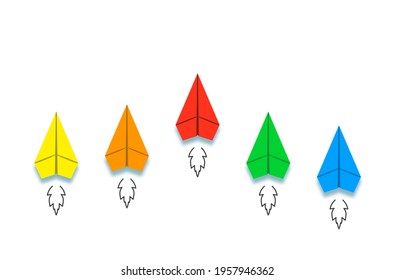 Leadership concept, with red paper plane leading among colors.