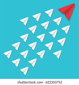 Leadership concept. Red paper plane leading white airplanes. Success, winner abstract vector illustration.