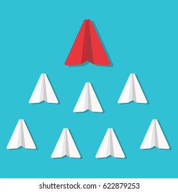 Leadership concept. Red paper plane leading white airplanes. Success, winner abstract vector illustration.