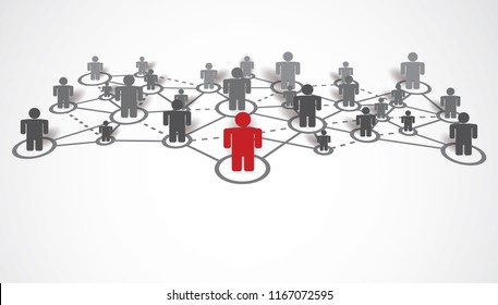 Leadership concept with red person on dot and line communication. Vector illustration