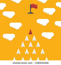 Leadership concept with red plane and white ones. teamwork and courage concept. Flat design. EPS 10 vector illustration, no transparency, no gradients.